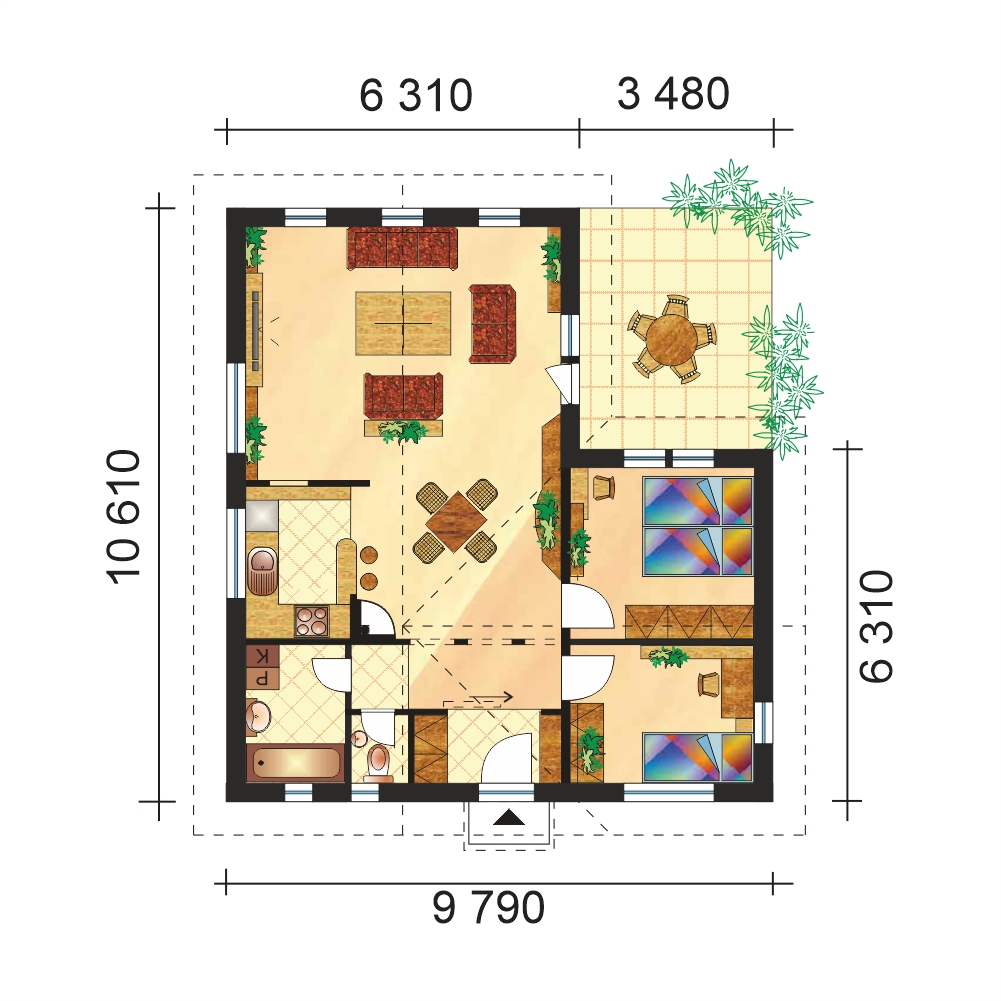 Půdorys bungalovu ve tvaru L - č.30