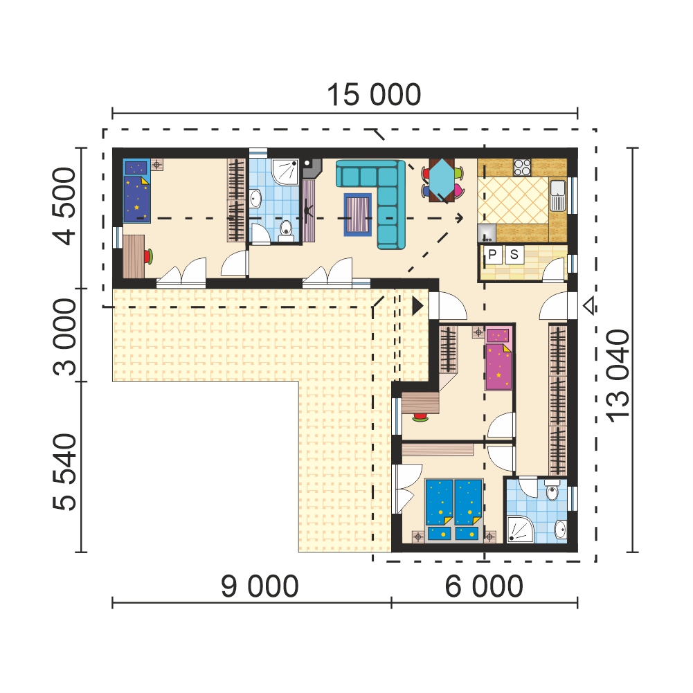 Půdorys rodinného domu se čtyřmi ložnicemi ve tvaru L - č.25